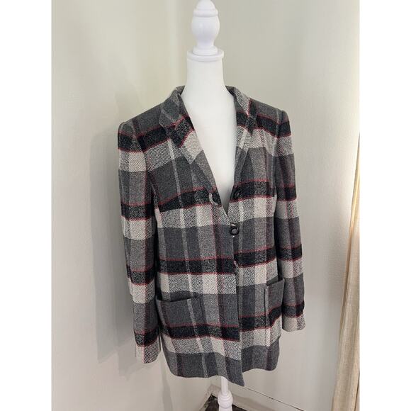 Louis Feraud Wool Blend Tartan Plaid Blazer Coat Jacket Size 12 Vintage Toggle - Picture 2 of 9